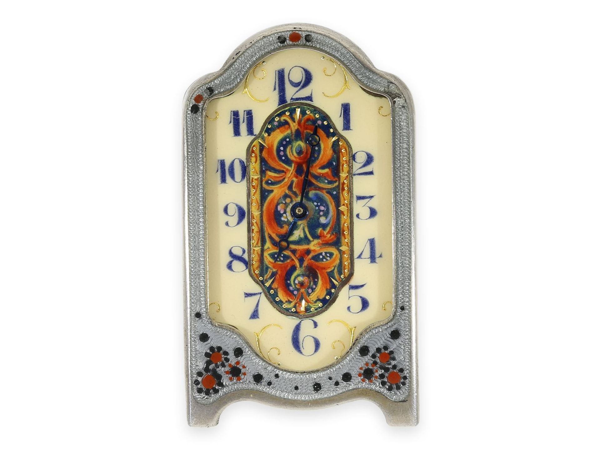 Reiseuhr: äußerst seltene Jugendstil-Miniatur-Reiseuhr mit Emaille/Silber-Gehäuse und einzigartigem  - Bild 2 aus 8