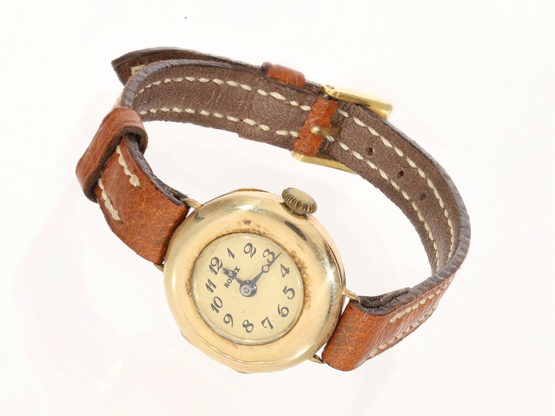Armbanduhr: frühe Damenuhr der Marke Rolex, 14K Gold, 1930/40