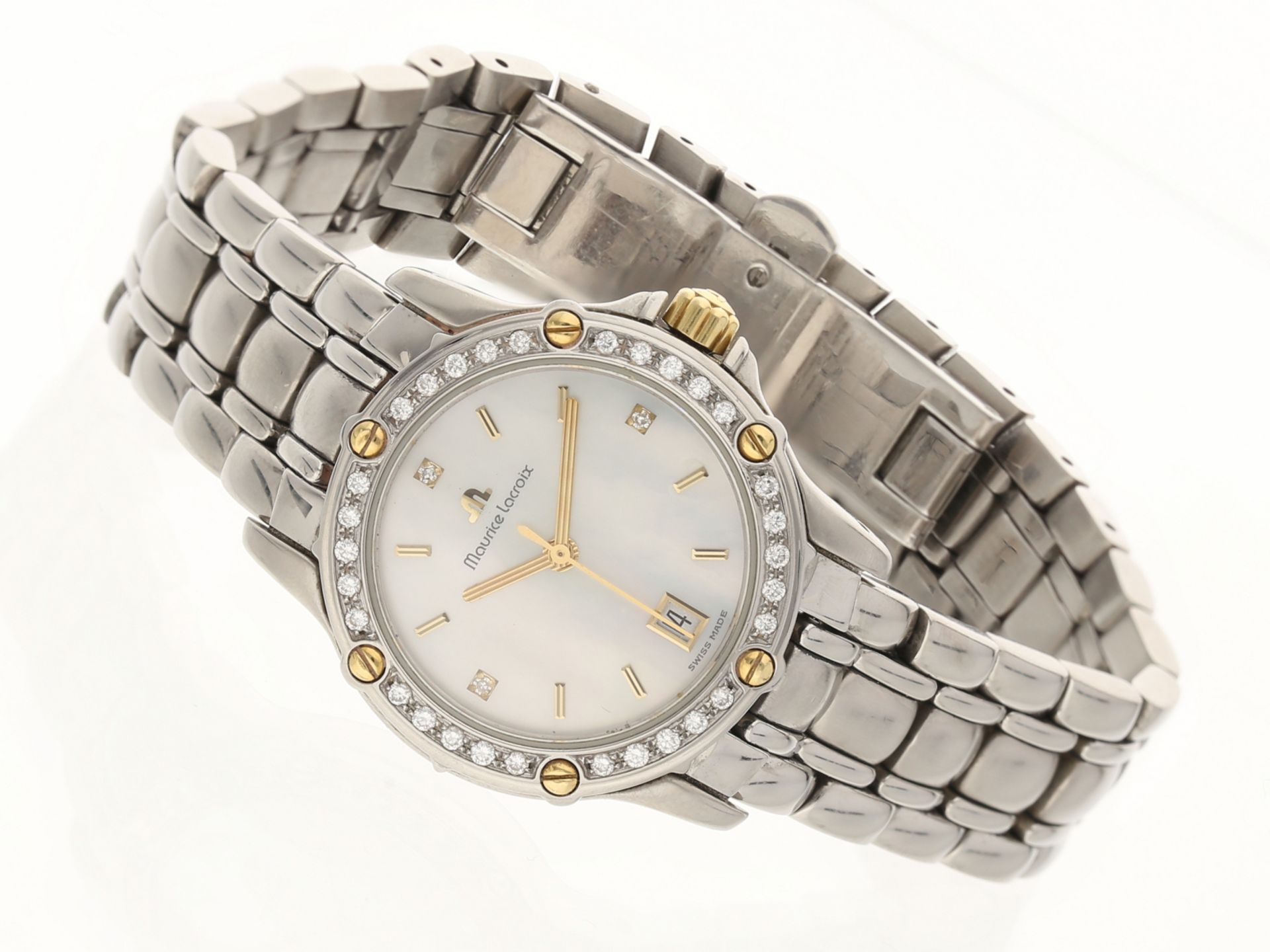 Armbanduhr: schöne, sportliche Damenuhr Maurice Lacroix Tiago, Stahl/Gold mit Brillanten, REF.89708