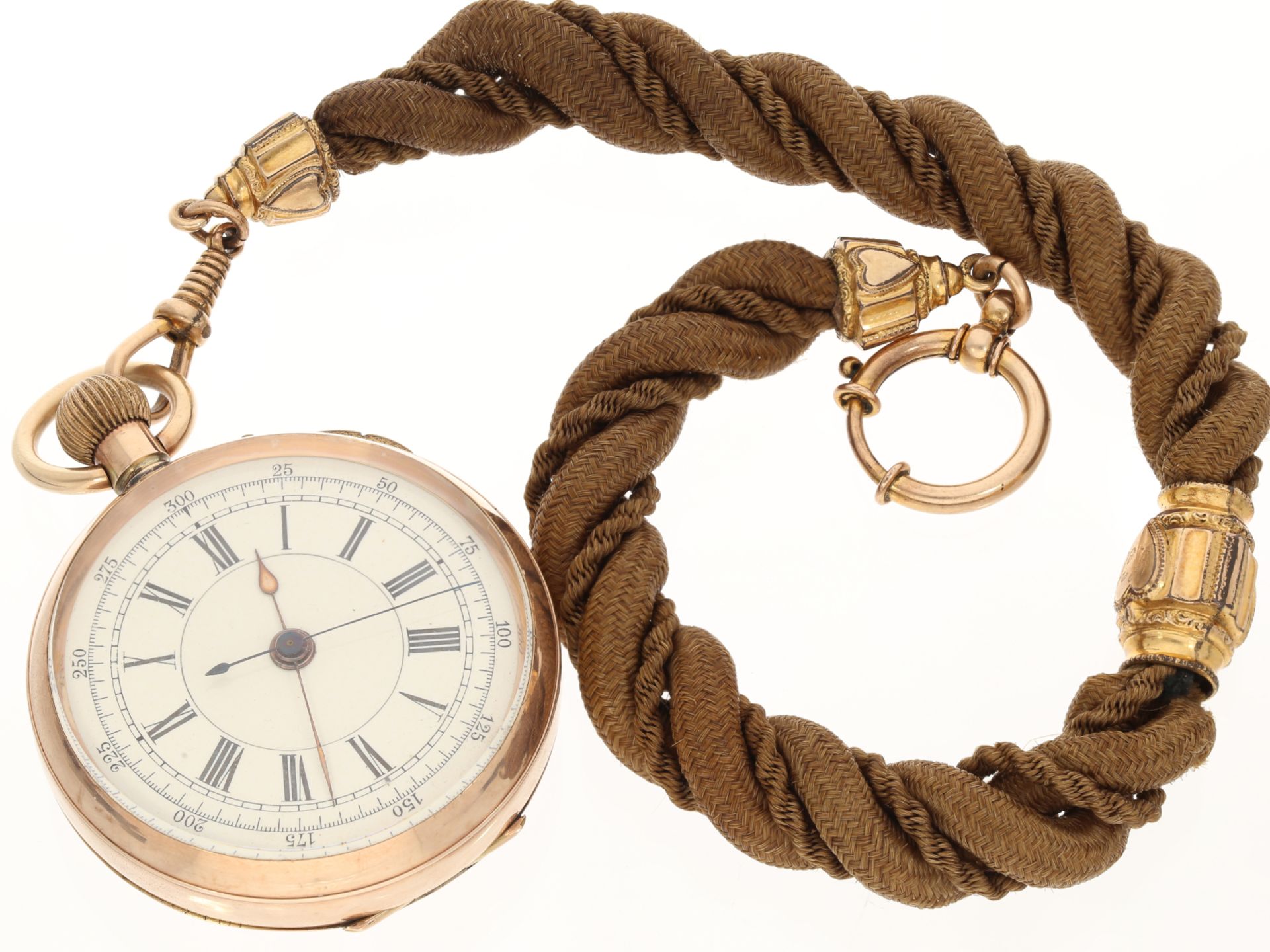Taschenuhr: Englische 9K Gold Doctor's watch mit ausgefallener vergoldeter Uhrenkette, ca. 1880