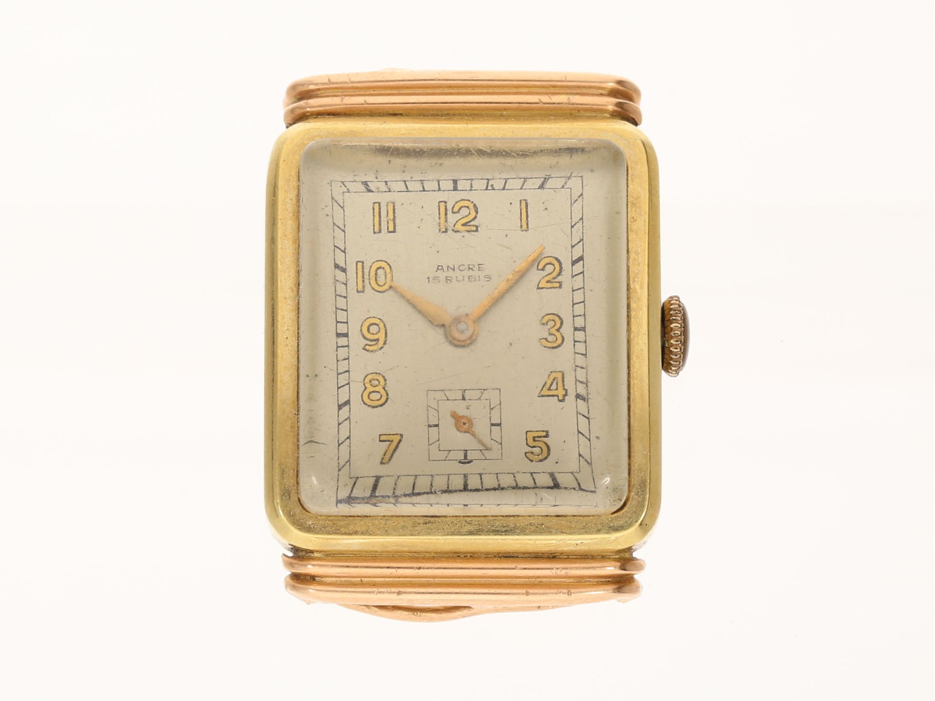 Armbanduhr, frühe Herrenuhr mit außergewöhnlichem Gehäuse, 14K Gold, 1940er