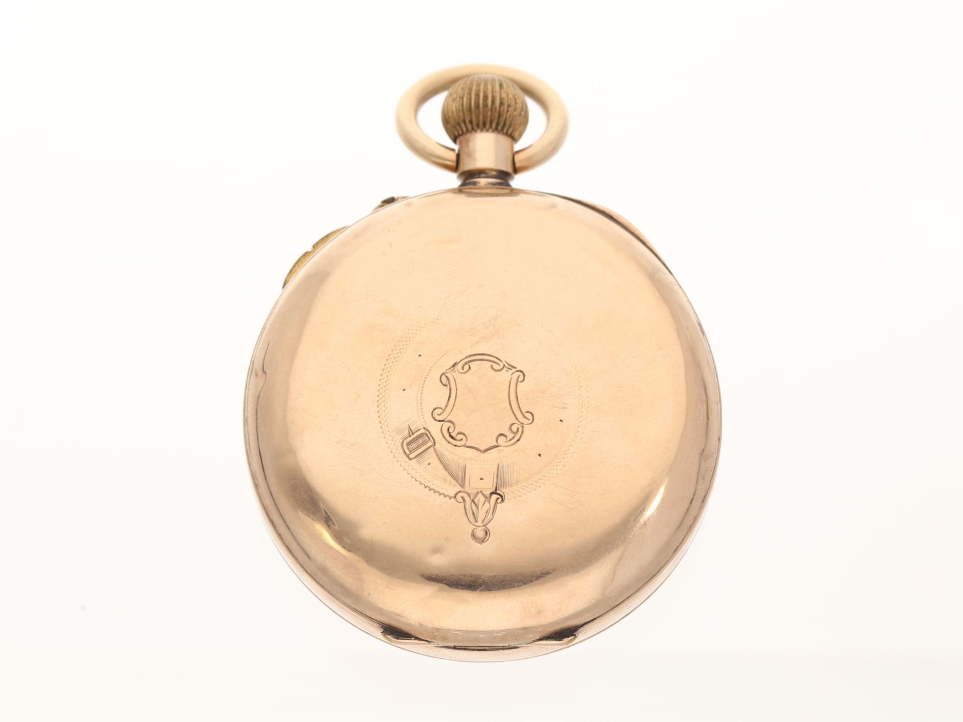 Taschenuhr: Englische 9K Gold Doctor's watch mit ausgefallener vergoldeter Uhrenkette, ca. 1880 - Bild 3 aus 6