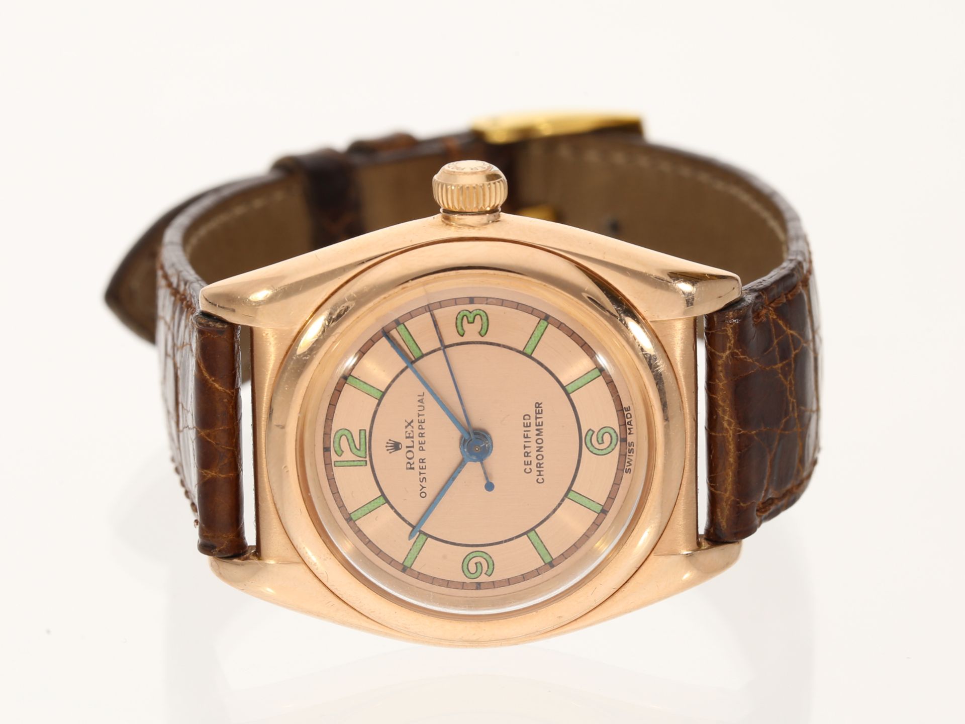 Armbanduhr: frühes Rolex Oyster Perpetual Bubble Back Chronometer Ref. 3131 in 18K Rotgold, ca. 1944 - Bild 2 aus 7
