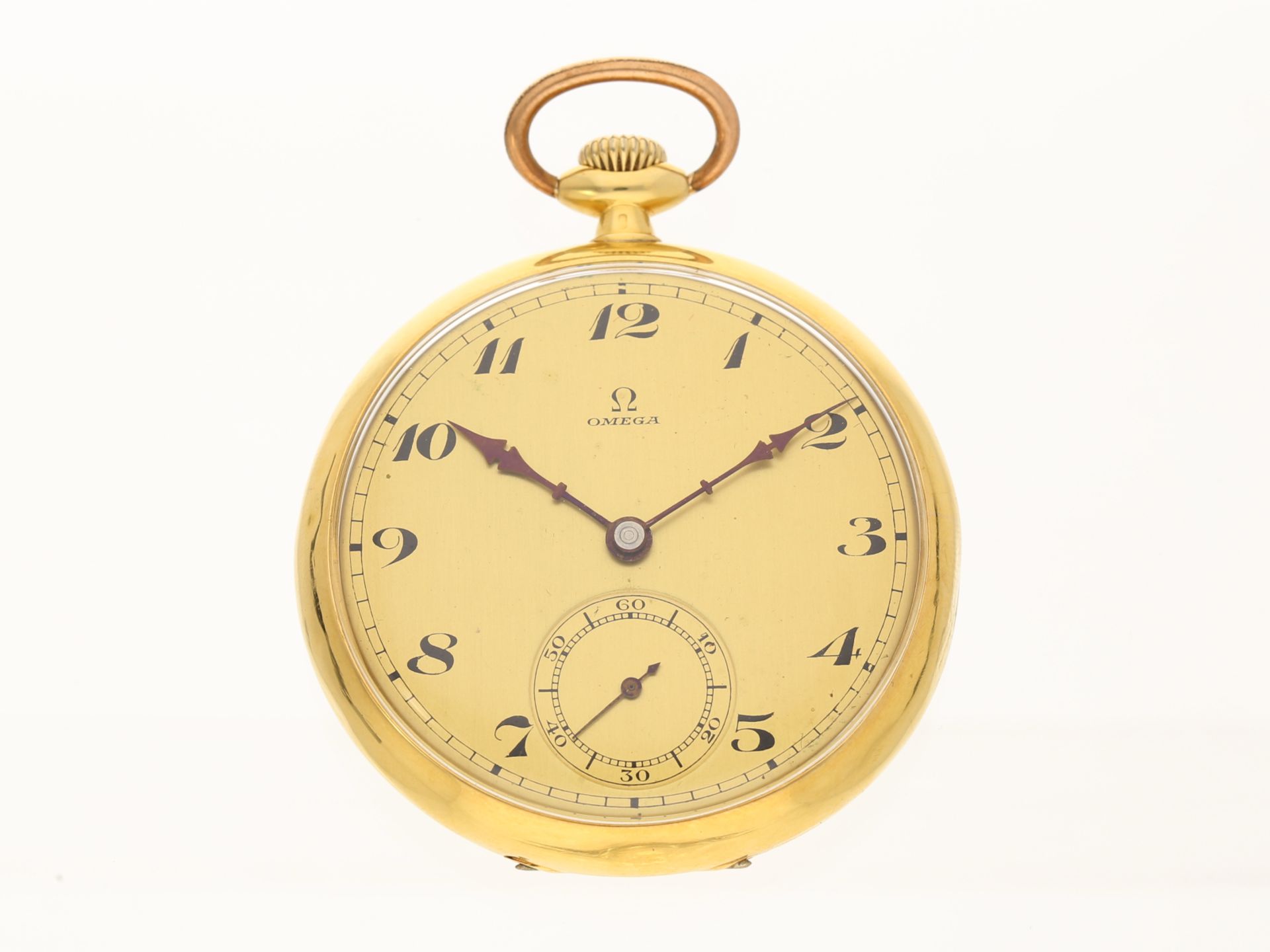 Taschenuhr: 18K Gold Omega Taschenuhr mit vergoldetem Zifferblatt, Schweiz, ca. 1935