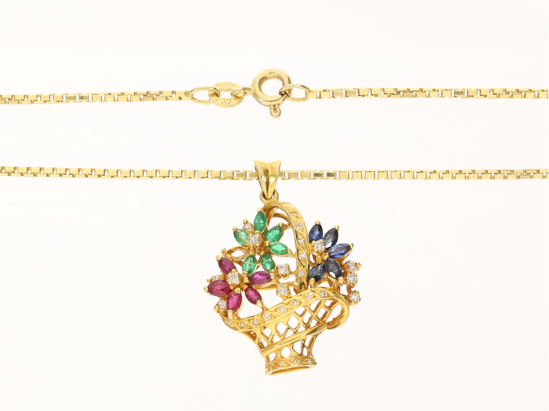 Kette/Collier: feine Goldkette mit vintage Farbstein/Diamant-Goldschmiedeanhänger/Brosche, "Blumenko - Image 2 of 2