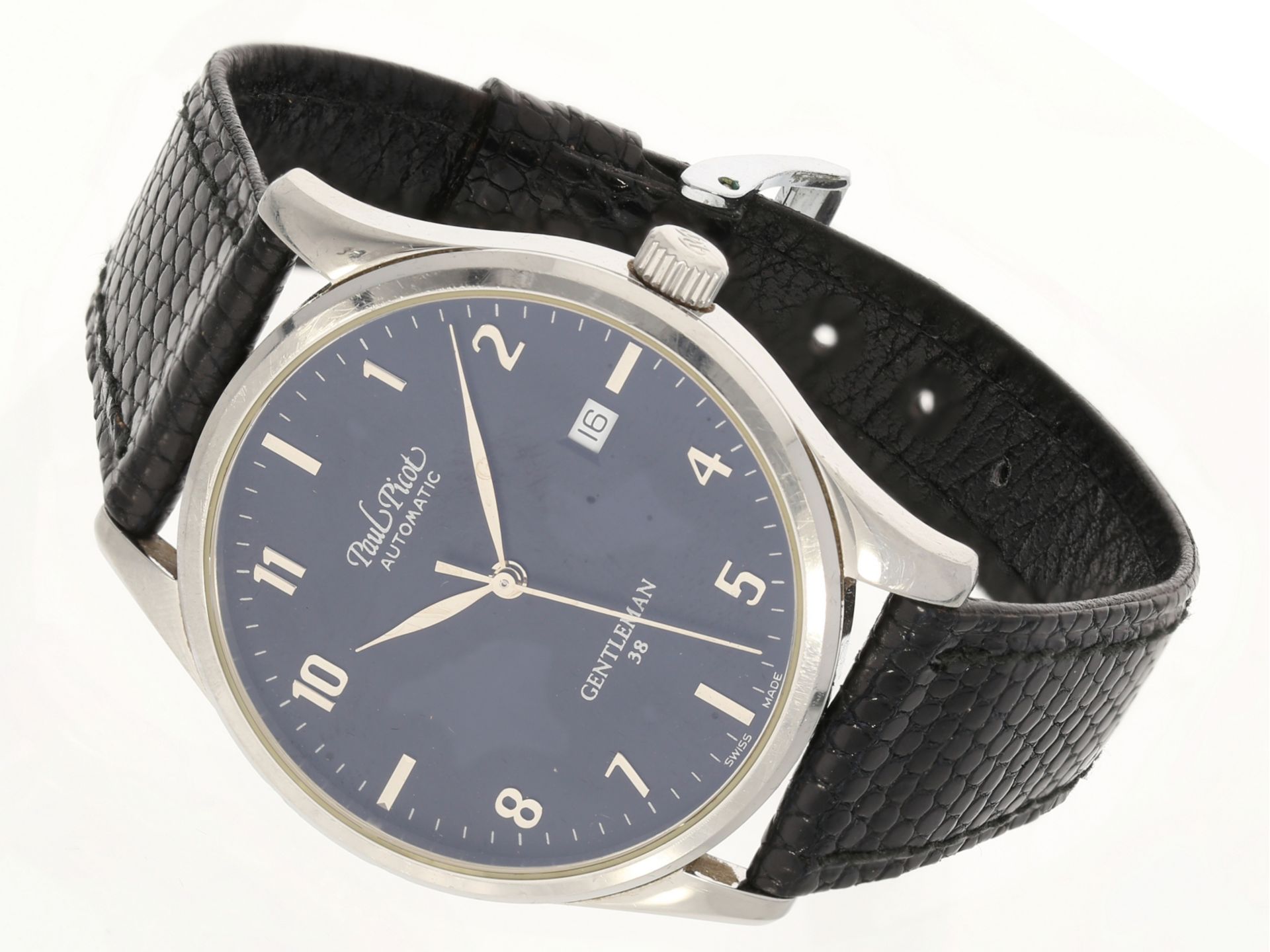 Armbanduhr: elegante Herrenarmbanduhr Paul Picot Gentlemen 38 in Stahl, inkl. Papieren