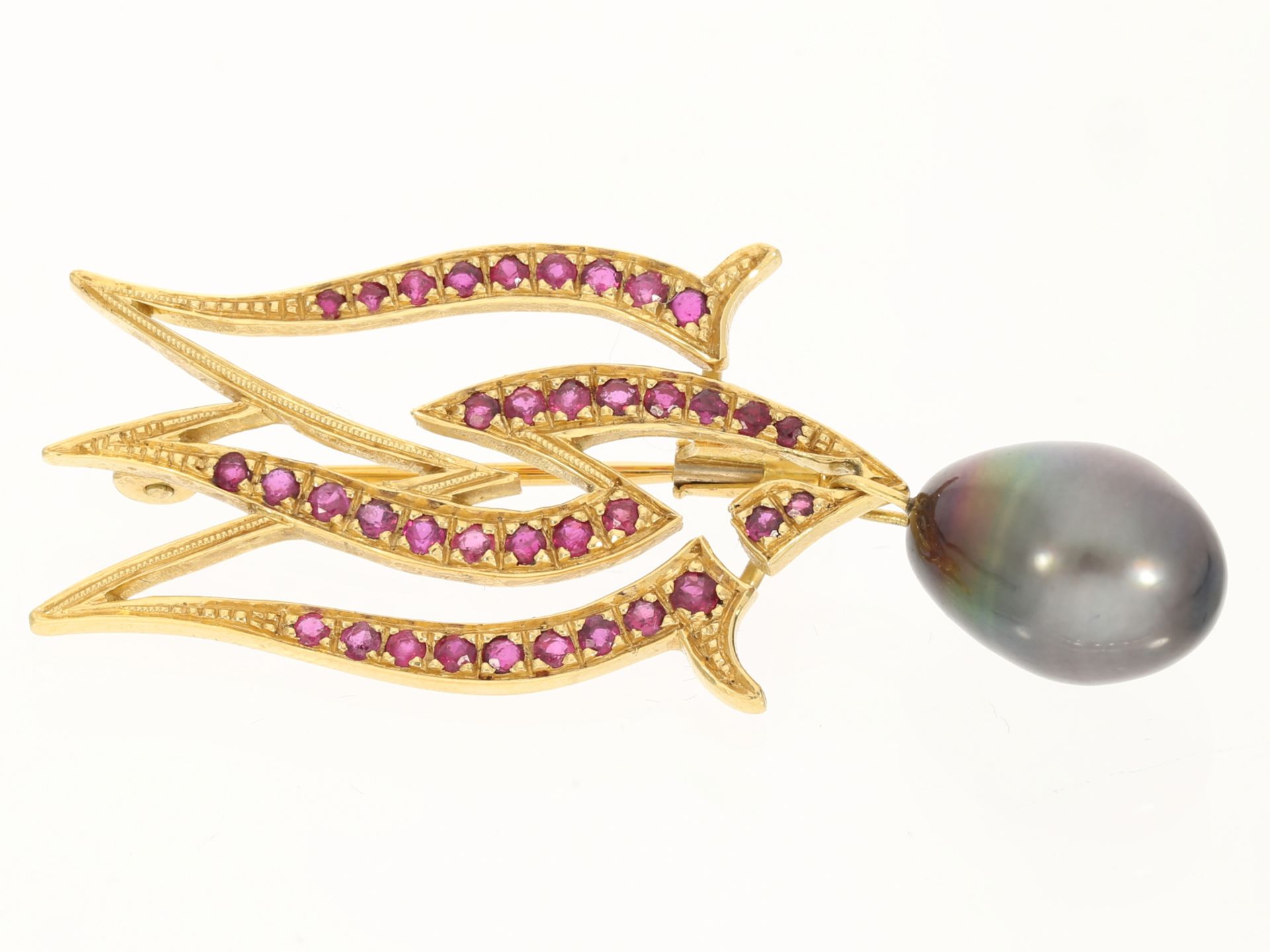 Brosche/Nadel: außergewöhnliche vintage Designer-Goldschmiedearbeit mit Perle und Rubinen