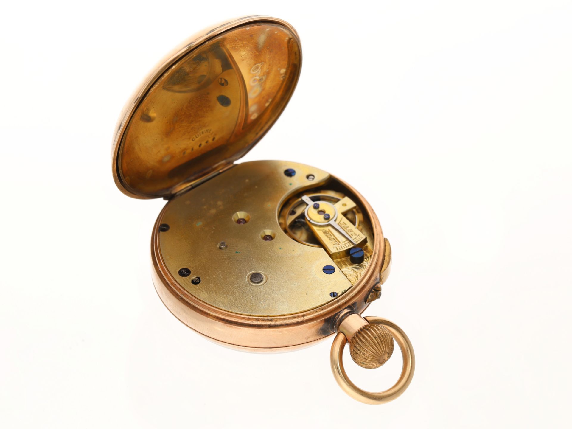 Taschenuhr: Englische 9K Gold Doctor's watch mit ausgefallener vergoldeter Uhrenkette, ca. 1880 - Bild 5 aus 6