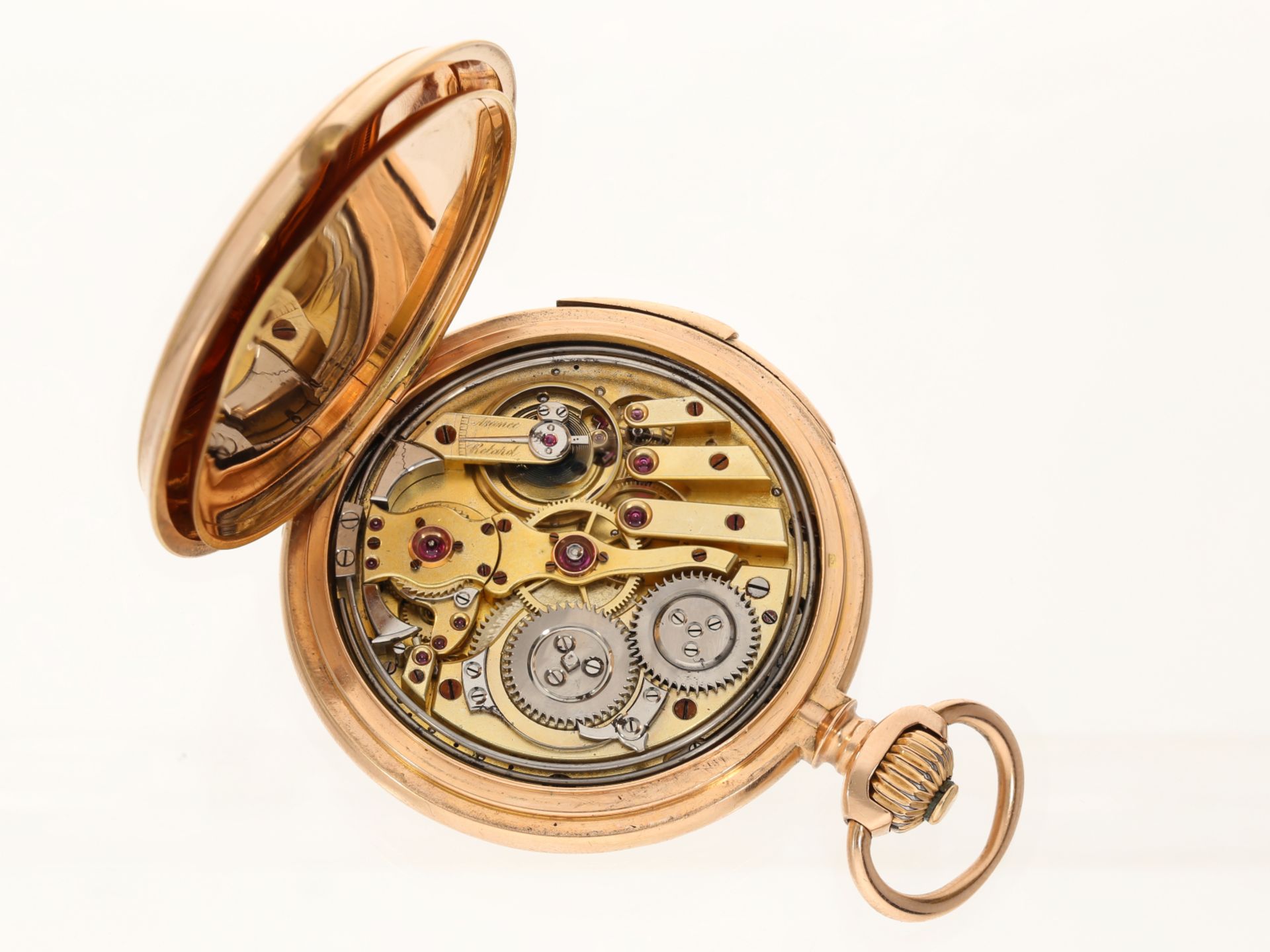 Goldene Schweizer Taschenuhr mit Viertelstunden-Repitition und hochwertiger Uhrenkette, ca. 1880, - Bild 5 aus 6