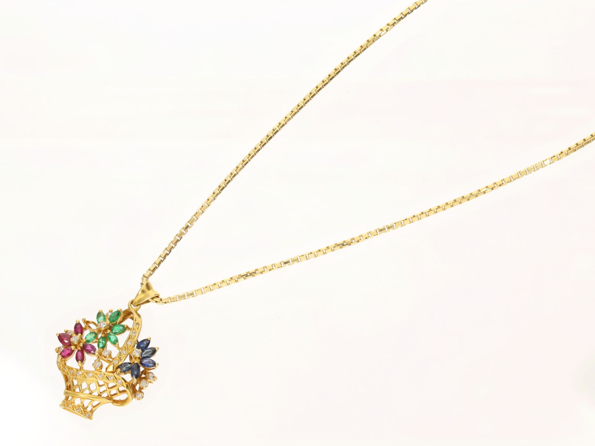 Kette/Collier: feine Goldkette mit vintage Farbstein/Diamant-Goldschmiedeanhänger/Brosche, "Blumenko