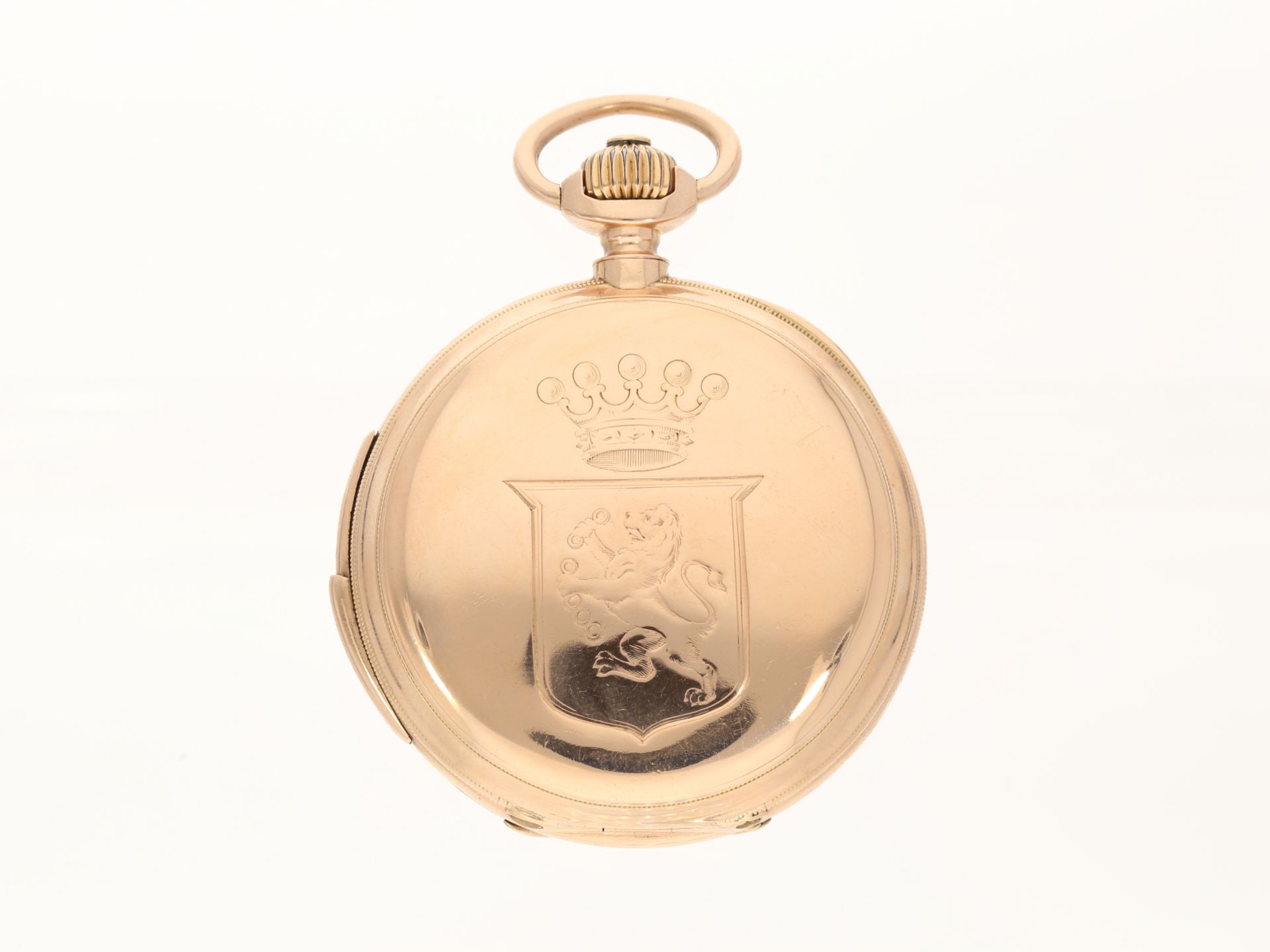 Goldene Schweizer Taschenuhr mit Viertelstunden-Repitition und hochwertiger Uhrenkette, ca. 1880, - Bild 3 aus 6