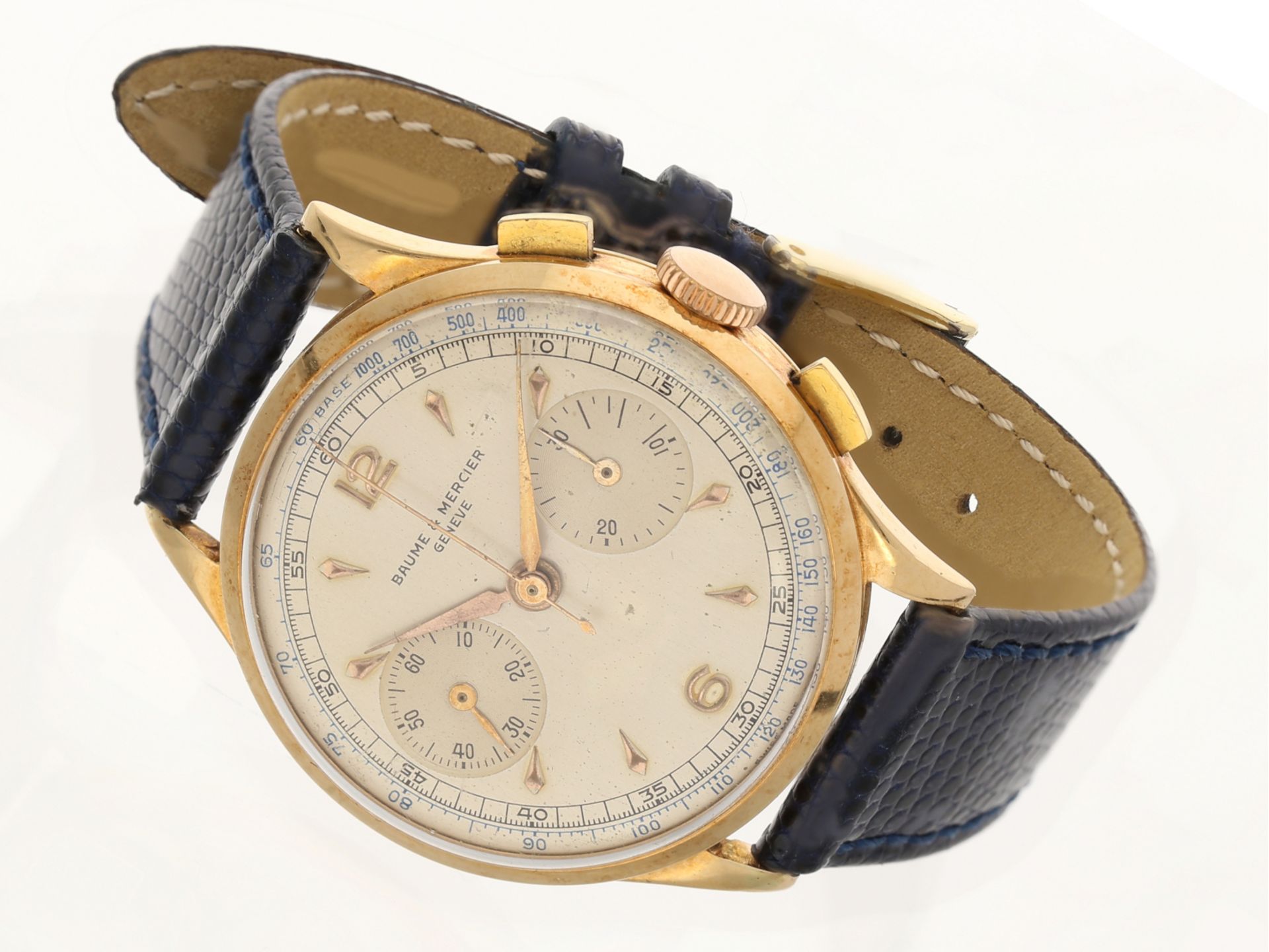 Armbanduhr: schöner, großer Chronograph von Baume & Mercier Geneve in 18K Gold, Ref.3921, 1950er