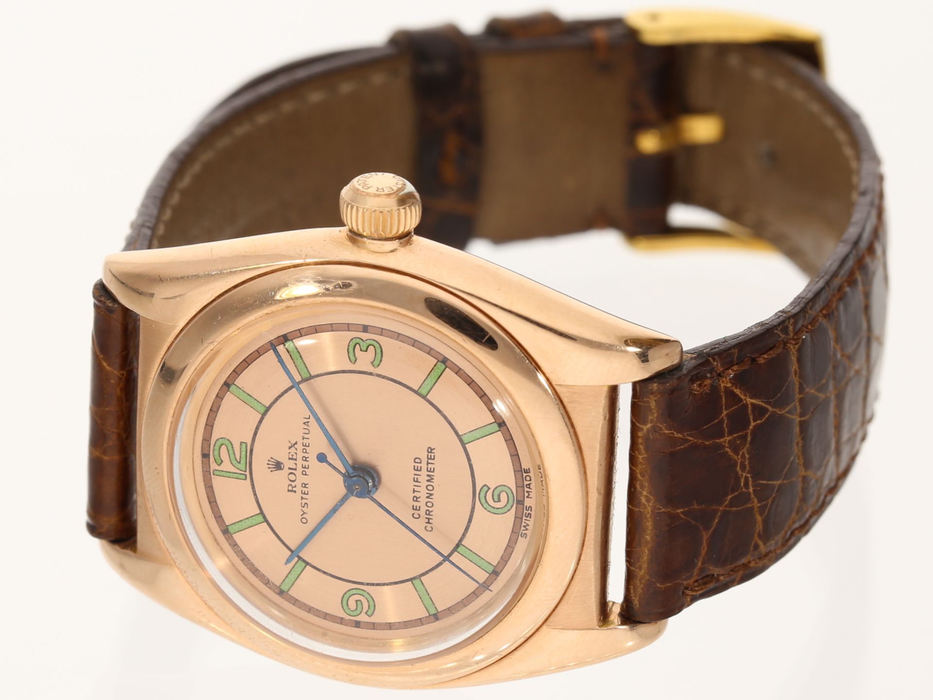 Armbanduhr: frühes Rolex Oyster Perpetual Bubble Back Chronometer Ref. 3131 in 18K Rotgold, ca. 1944 - Bild 3 aus 7