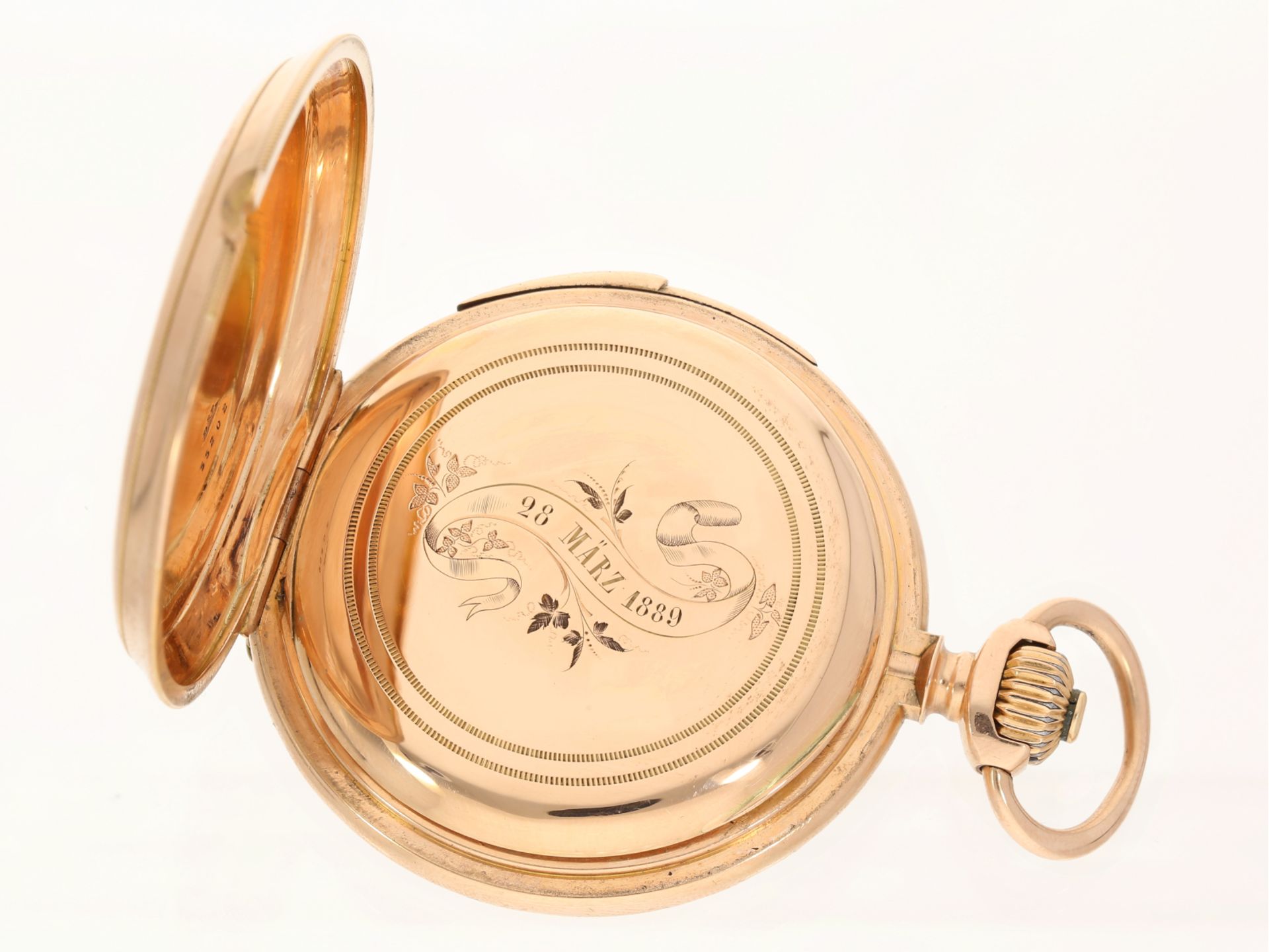 Goldene Schweizer Taschenuhr mit Viertelstunden-Repitition und hochwertiger Uhrenkette, ca. 1880, - Bild 4 aus 6