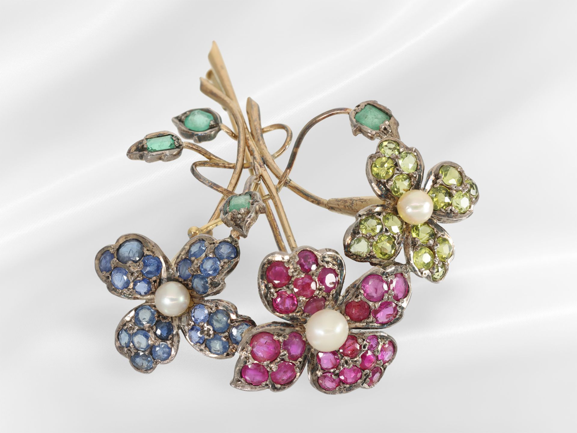 Brosche/Nadel: sehr dekorative, goldene vintage Blütenbrosche mit Perlen und Farbsteinen - Bild 4 aus 5