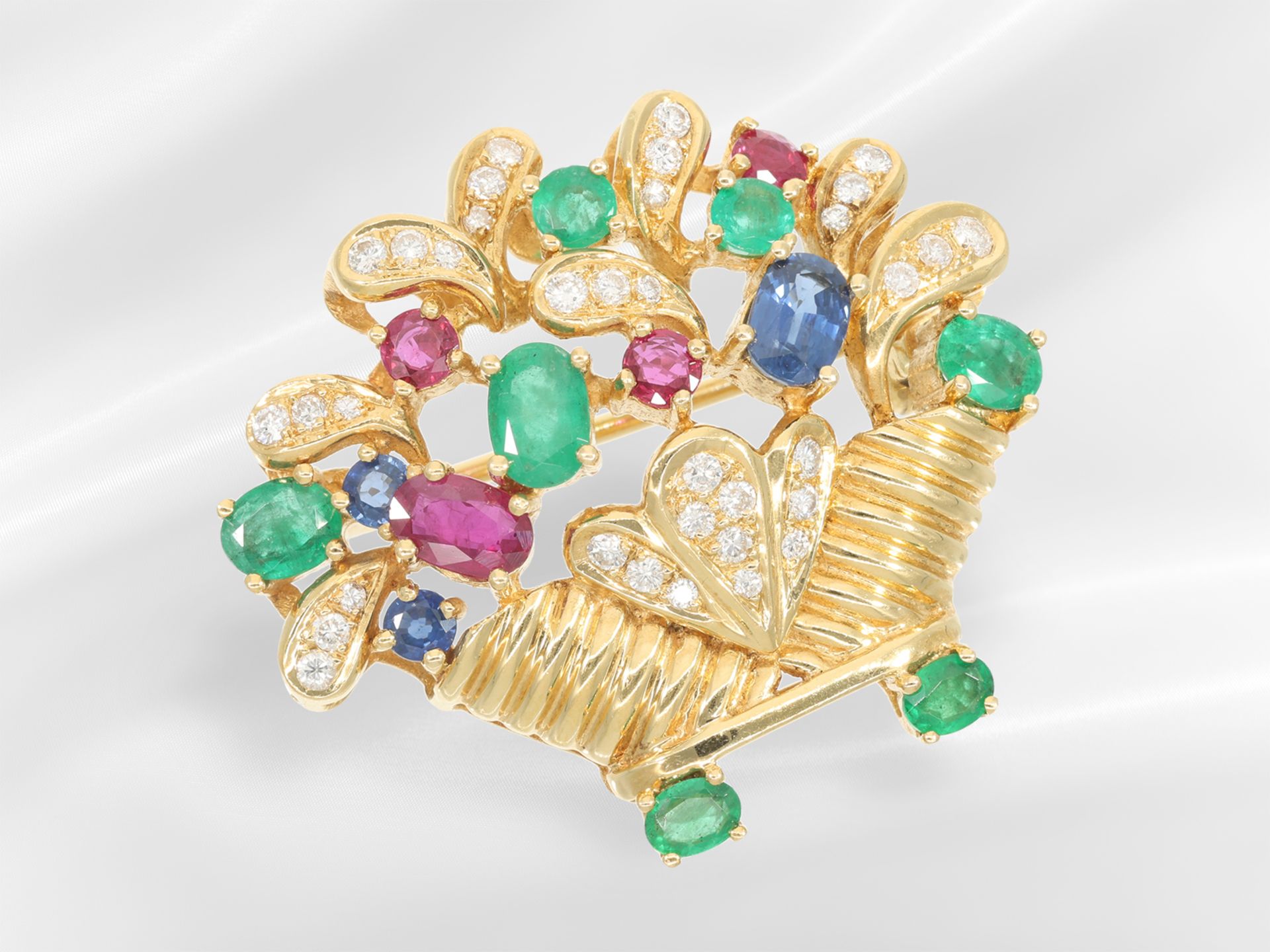 Brooch/pin: finely handcrafted with brilliant-cut diamonds as well as sapphire, ruby and emerald set - Image 3 of 4