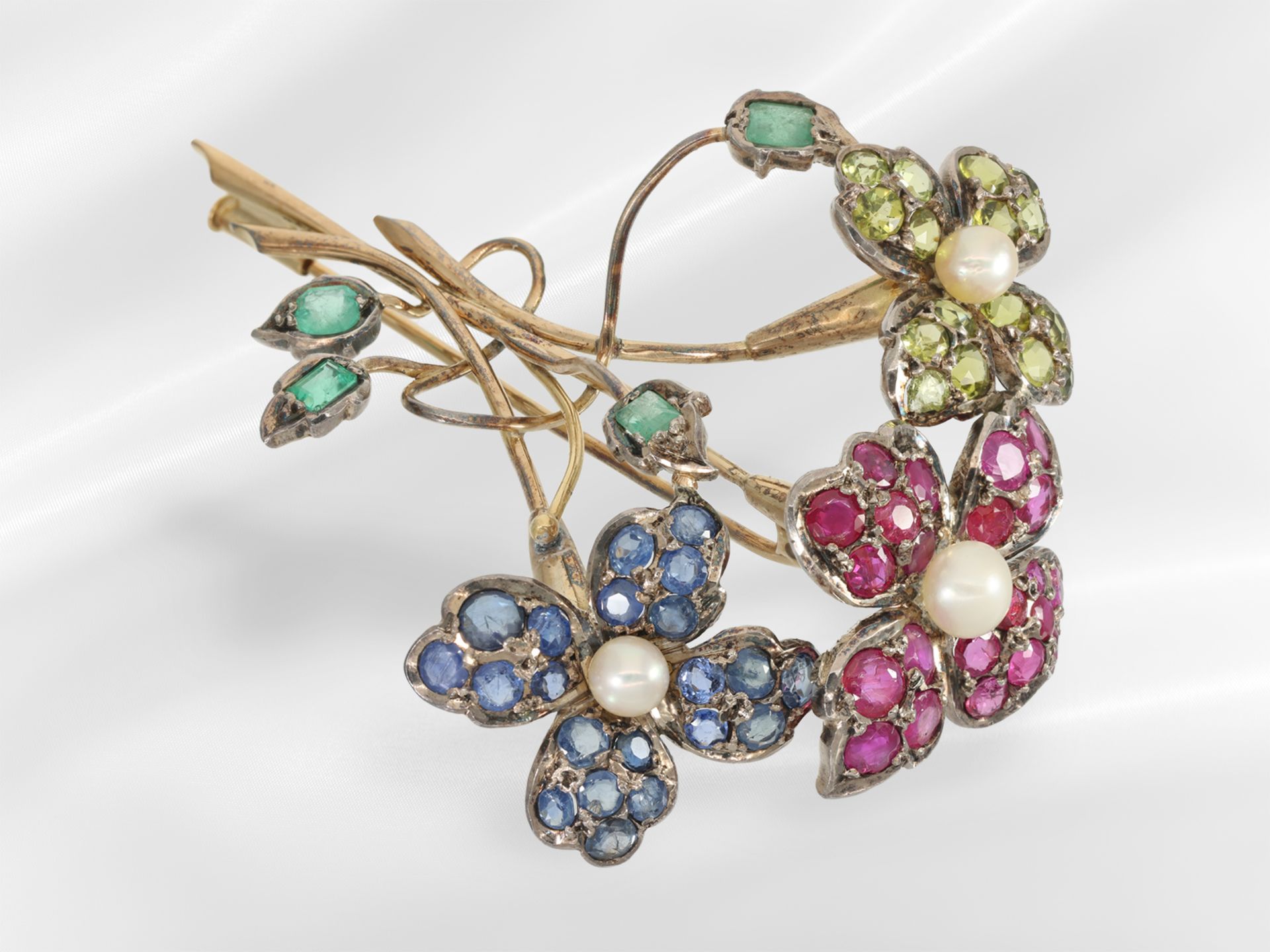 Brosche/Nadel: sehr dekorative, goldene vintage Blütenbrosche mit Perlen und Farbsteinen - Bild 2 aus 5