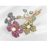 Brooch/pin: very decorative, gold vintage flower brooch with pearls and coloured stones