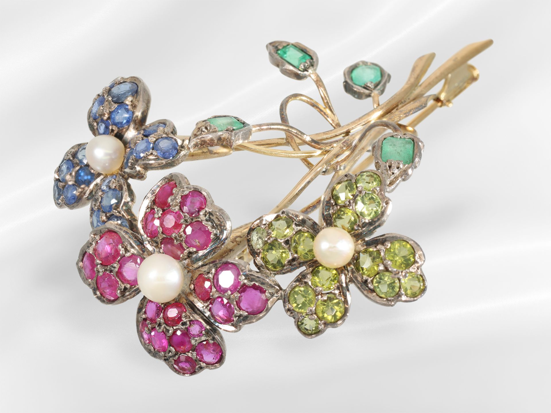 Brosche/Nadel: sehr dekorative, goldene vintage Blütenbrosche mit Perlen und Farbsteinen
