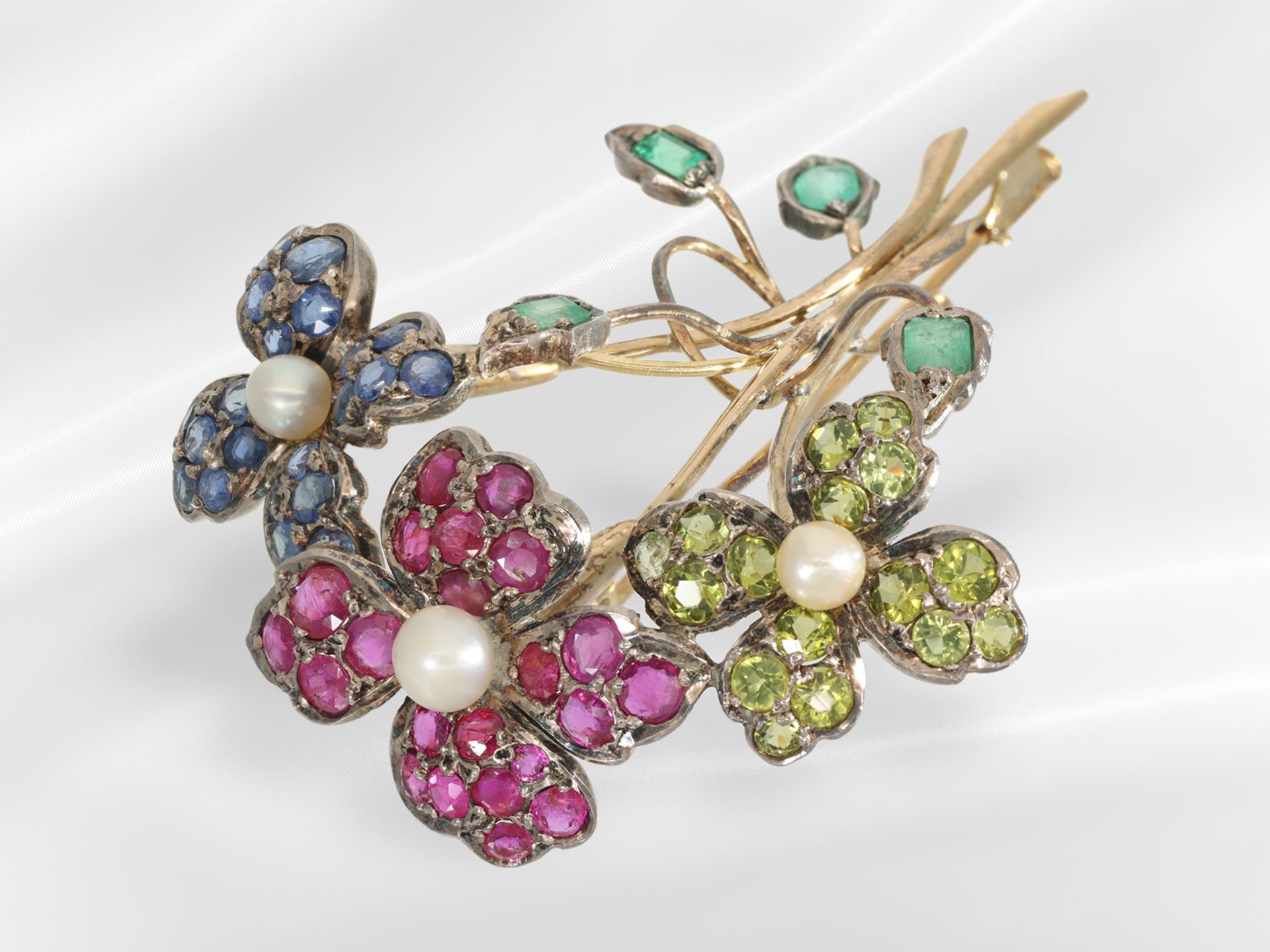 Brosche/Nadel: sehr dekorative, goldene vintage Blütenbrosche mit Perlen und Farbsteinen - Bild 5 aus 5