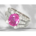 Ring: extremely valuable ruby/diamond ring, platinum, certified ruby of 4.77ct, GIA