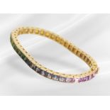 Armband: hochwertiges "Rainbow" Tennisarmband mit Farbsteinen, 18K Gold