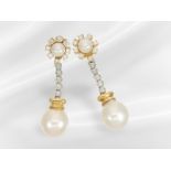 Earrings: very decorative vintage pearl/brilliant-cut diamond earrings, handmade from 18K gold, appr