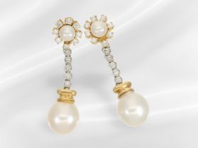 Ohrschmuck: sehr dekorativer vintage Perlen/Brillant-Ohrschmuck, Handarbeit aus 18K Gold, ca. 0,74ct