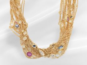 Kette: Außergewöhnliche, mehrreihige Designer-Goldkette mit reichem Brillant- sowie Saphirbesatz, ca
