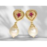 Earrings: vintage ruby brilliant-cut diamond goldsmith ear studs with large cultured pearls