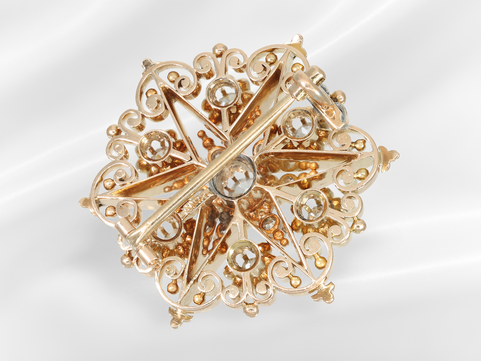 Brooch/pin: valuable old and handcrafted brooch with beautiful diamond setting, 14K gold - Image 4 of 4