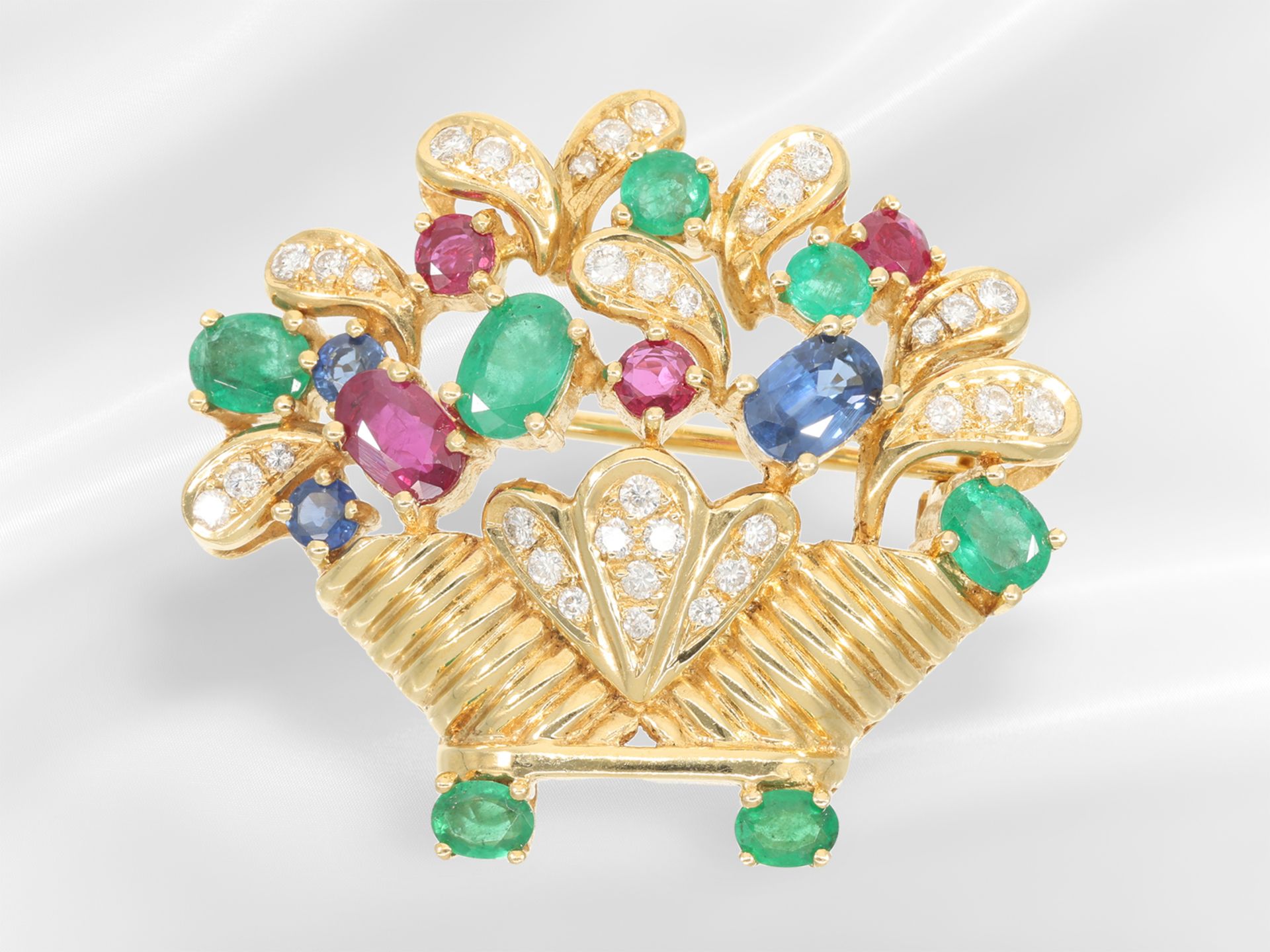 Brooch/pin: finely handcrafted with brilliant-cut diamonds as well as sapphire, ruby and emerald set