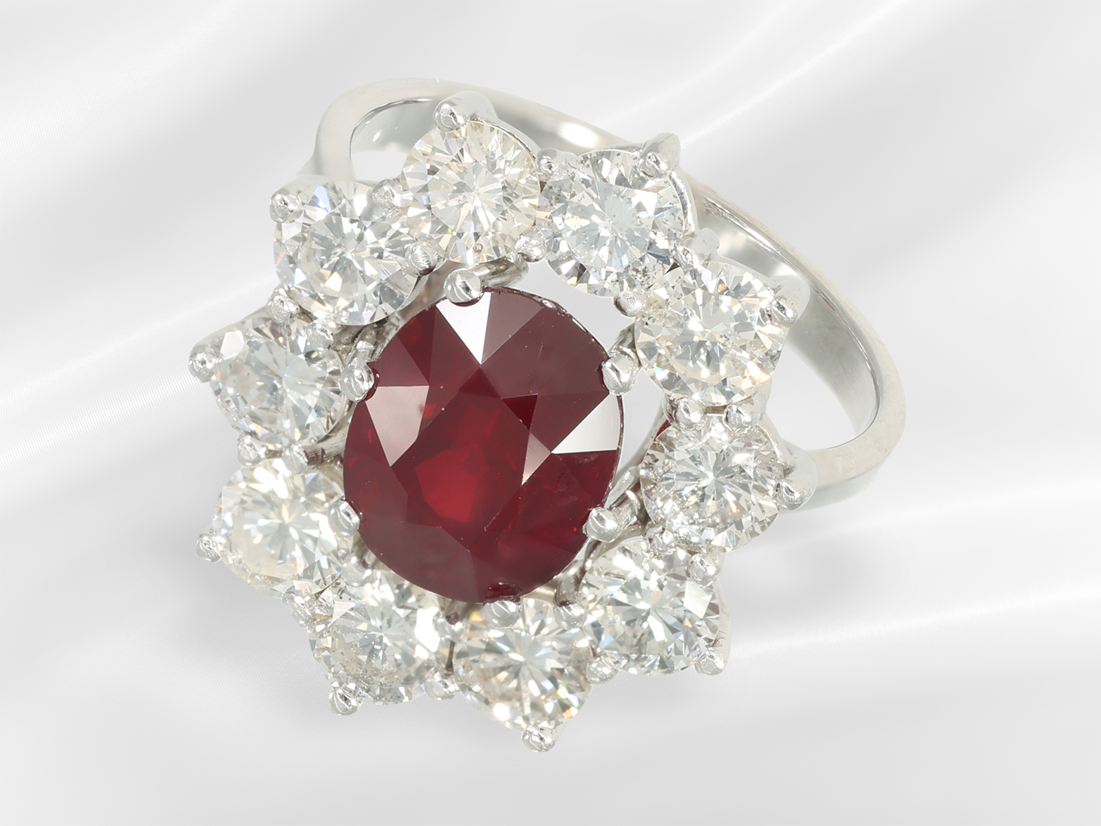 Ring: white gold ruby/brilliant-cut diamond gold ring, precious deep red ruby of 3.15ct, NO-HEAT, GR