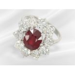 Ring: white gold ruby/brilliant-cut diamond gold ring, precious deep red ruby of 3.15ct, NO-HEAT, GR