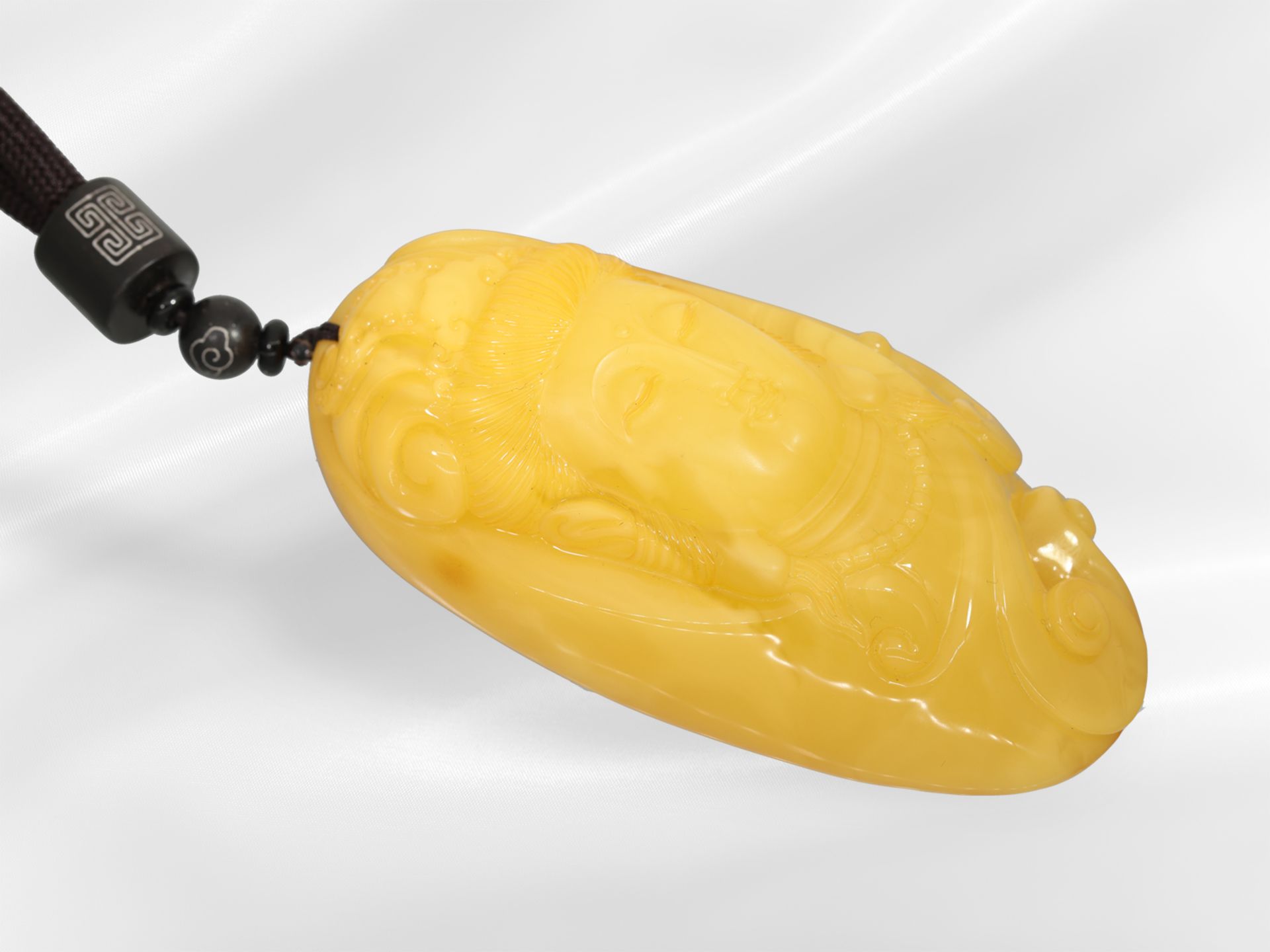 Chain/necklace: fabric band with beautiful carved butterscotch amber pendant, "Buddha" - Image 3 of 3