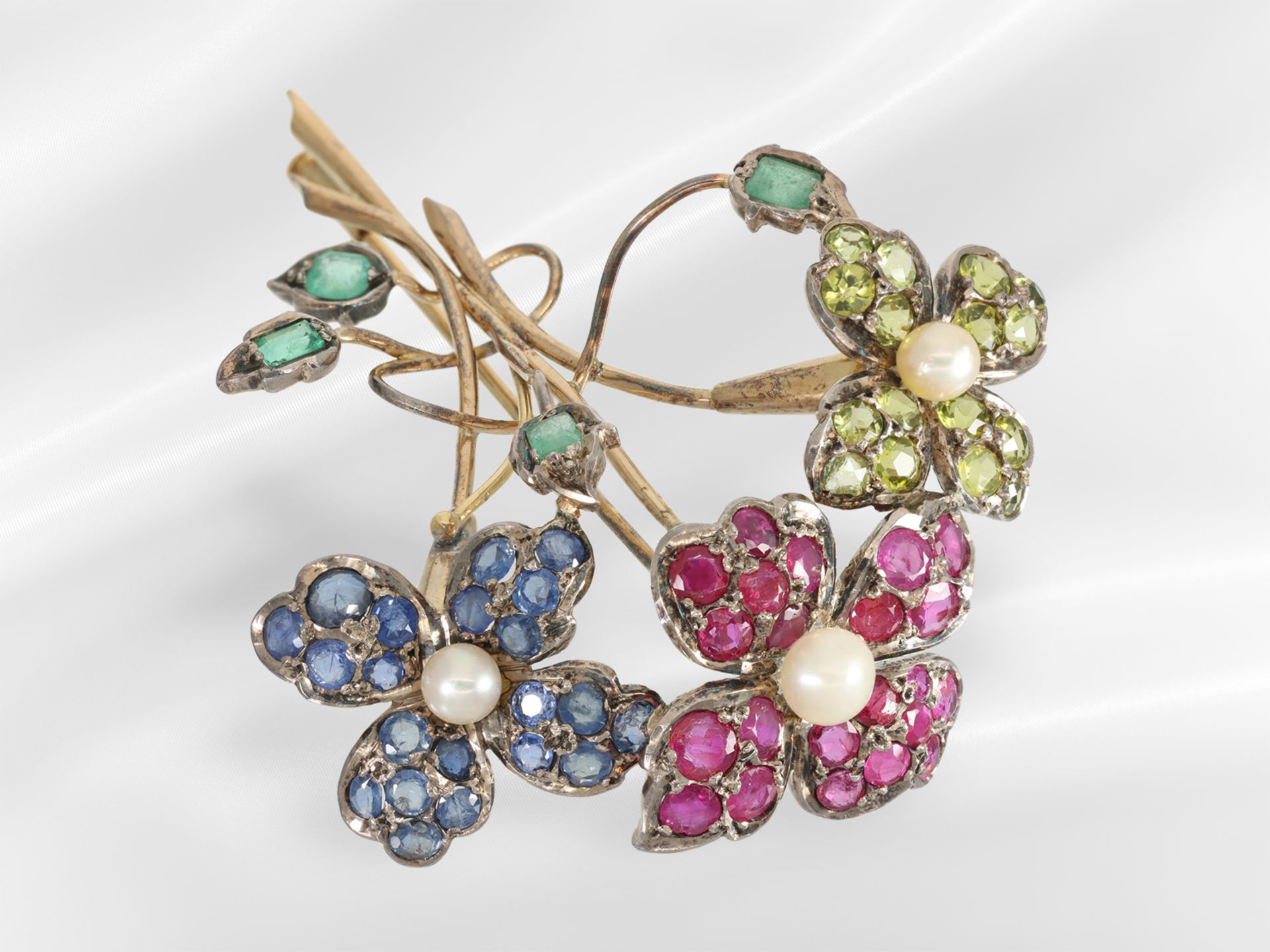Brosche/Nadel: sehr dekorative, goldene vintage Blütenbrosche mit Perlen und Farbsteinen - Bild 3 aus 5