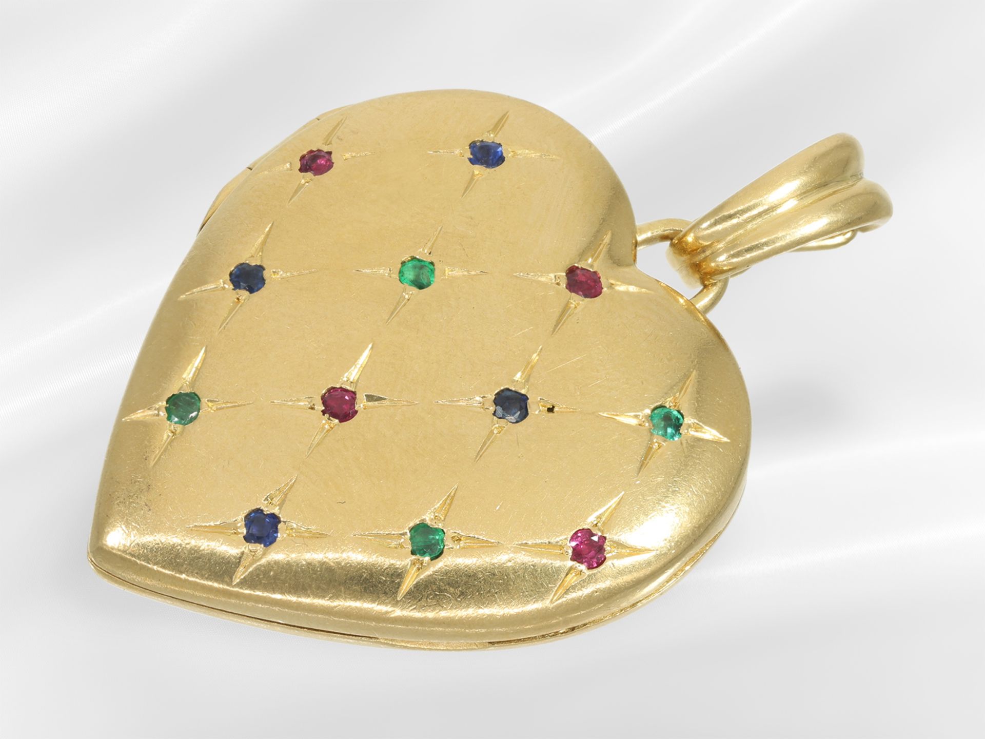 Pendant: heart-shaped vintage medallion pendant set with gemstones in 18k gold - Image 3 of 5