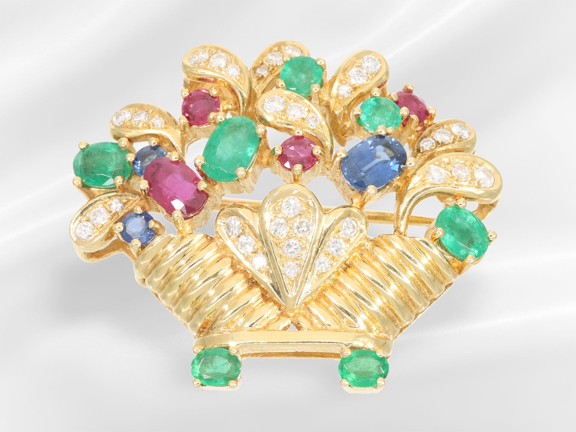 Brooch/pin: finely handcrafted with brilliant-cut diamonds as well as sapphire, ruby and emerald set - Image 2 of 4