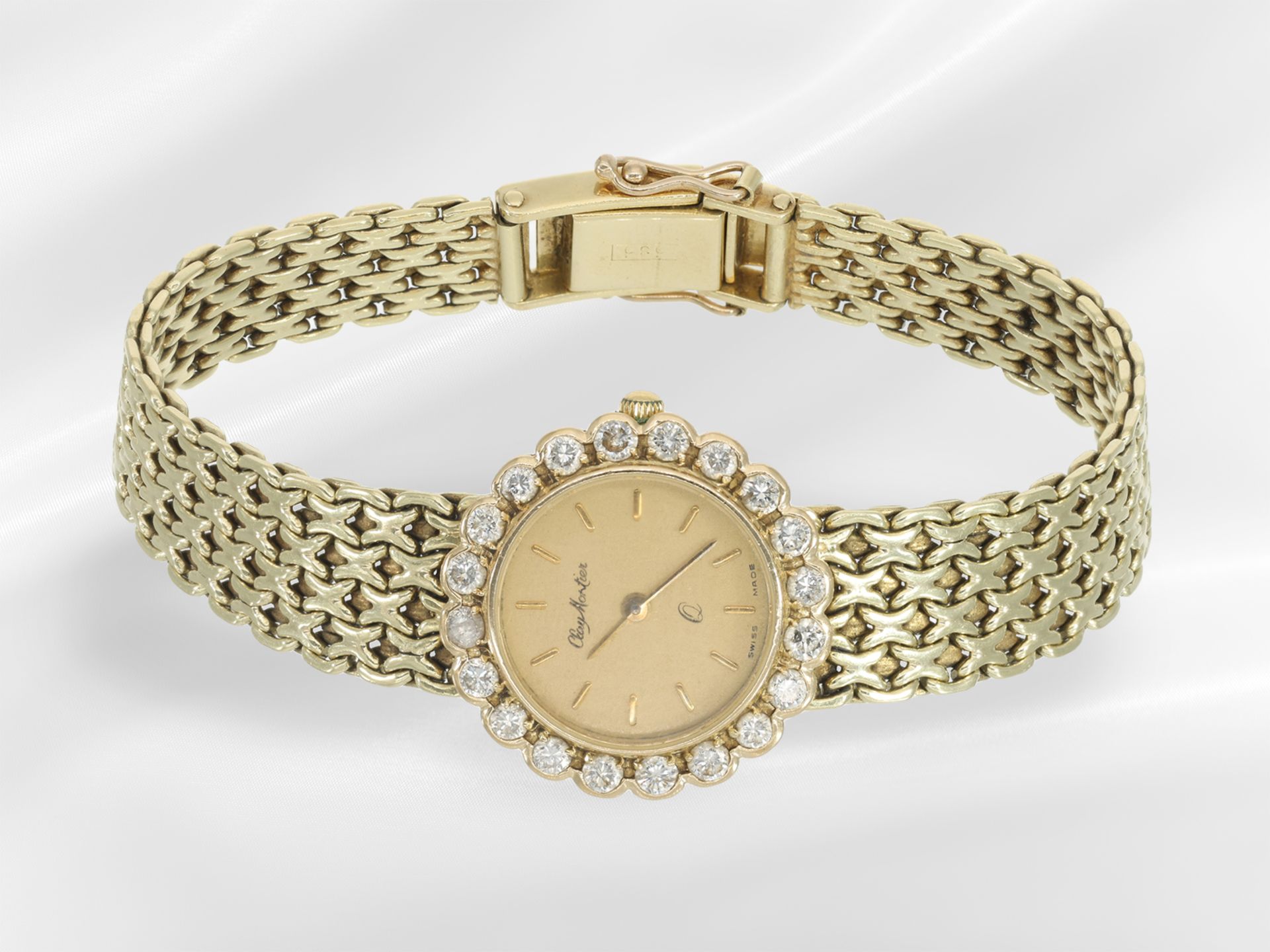 Armbanduhr: goldene vintage Damenuhr der Marke "Clay Montier" mit Brillantbesatz