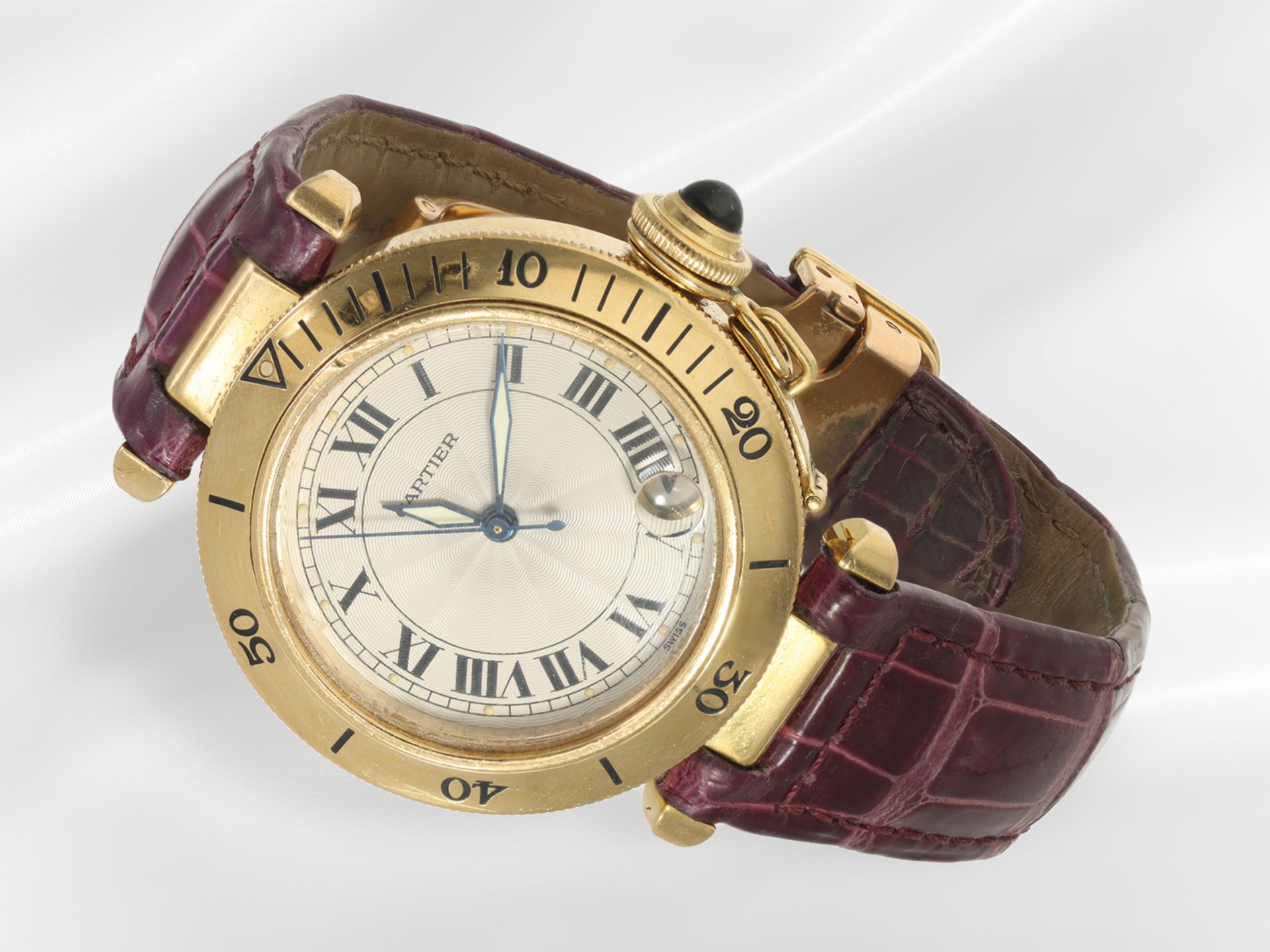Armbanduhr: luxuriöse Cartier Pasha Automatic Medium Ref.1035, Herrenuhr aus 18K Gold mit Originalba