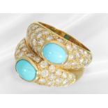 Ring: interesting vintage turquoise/brilliant-cut diamond gold ring, marriage of 2 matching rings, a