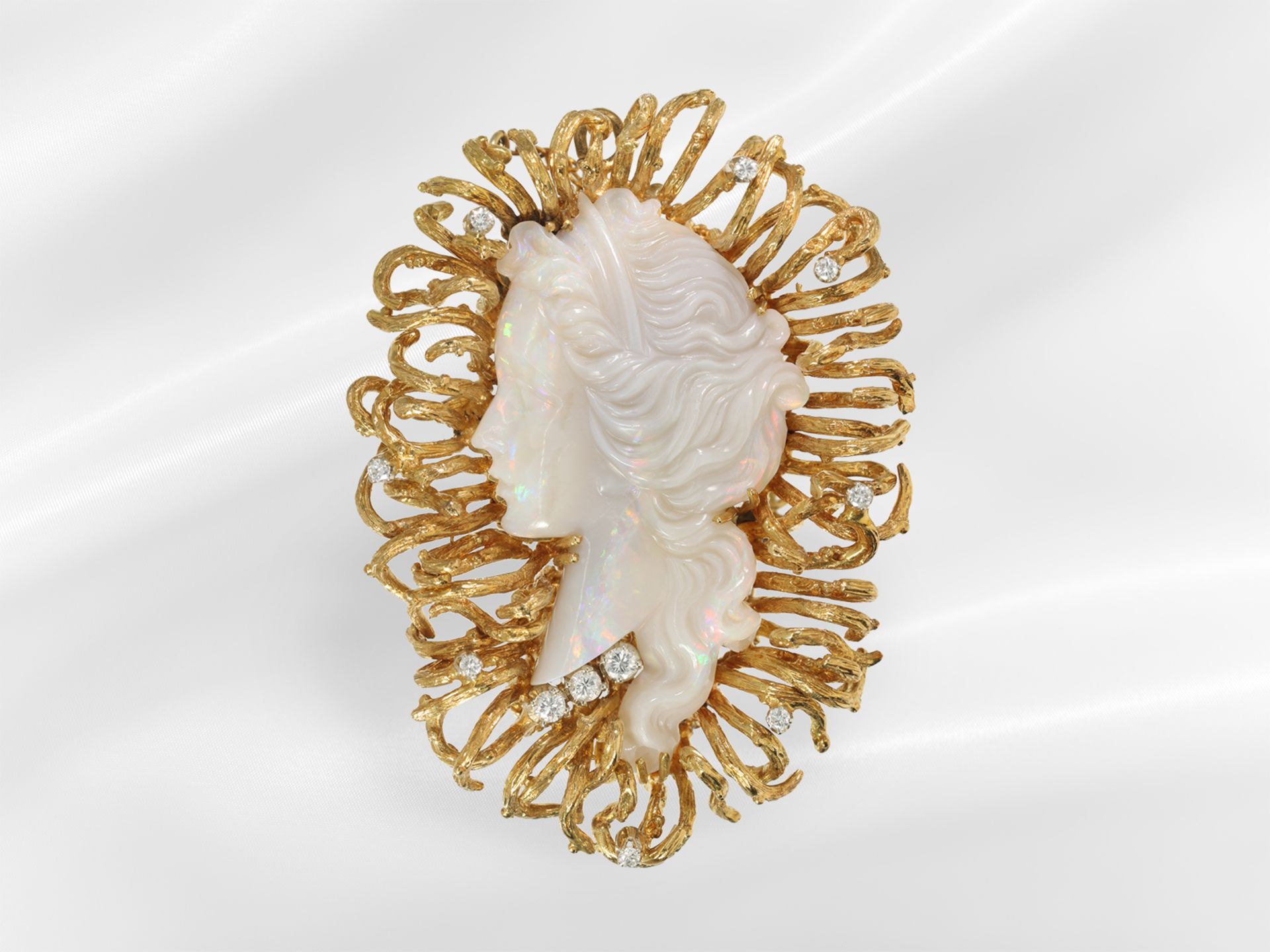 Brooch/pendant: unusual vintage goldsmith work with opal cameo, possibly Andrew Grima