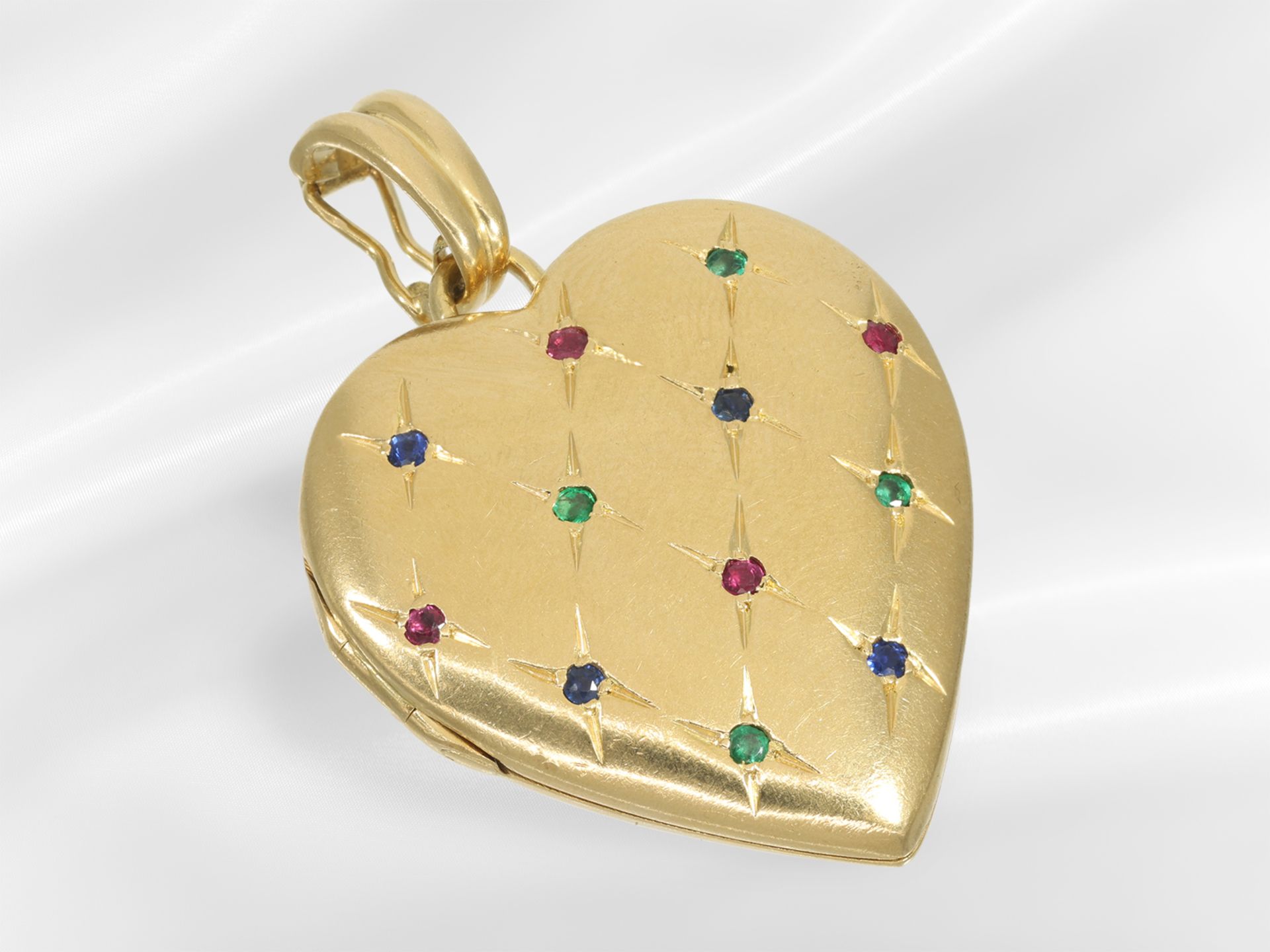 Pendant: heart-shaped vintage medallion pendant set with gemstones in 18k gold - Image 2 of 5