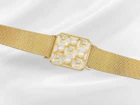 Armband: unikates, handgefertigtes Goldschmiedearmband mit Zuchtperlen und Brillanten, 18K Gold