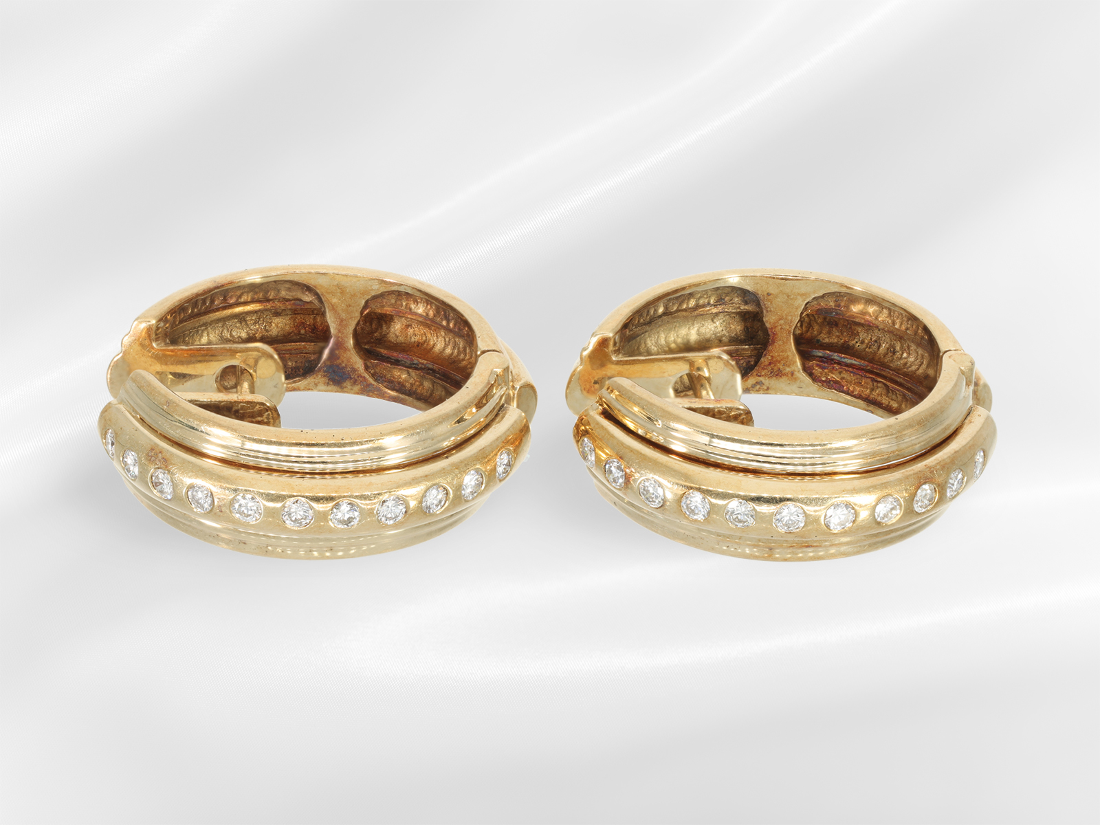 Earrings: decorative brilliant-cut diamond hoop earrings in 14K yellow gold, brilliant-cut diamonds  - Image 3 of 4