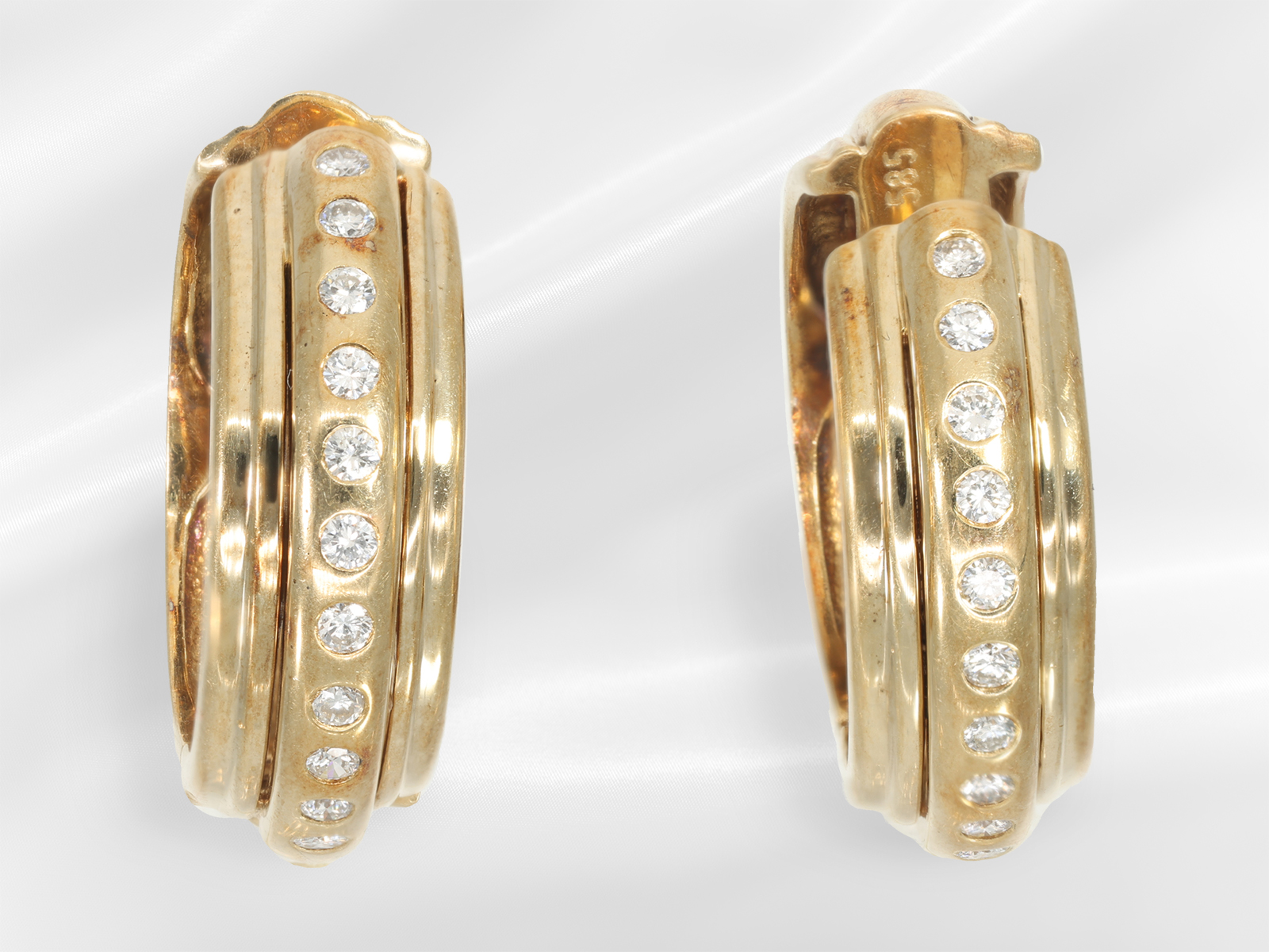Earrings: decorative brilliant-cut diamond hoop earrings in 14K yellow gold, brilliant-cut diamonds 
