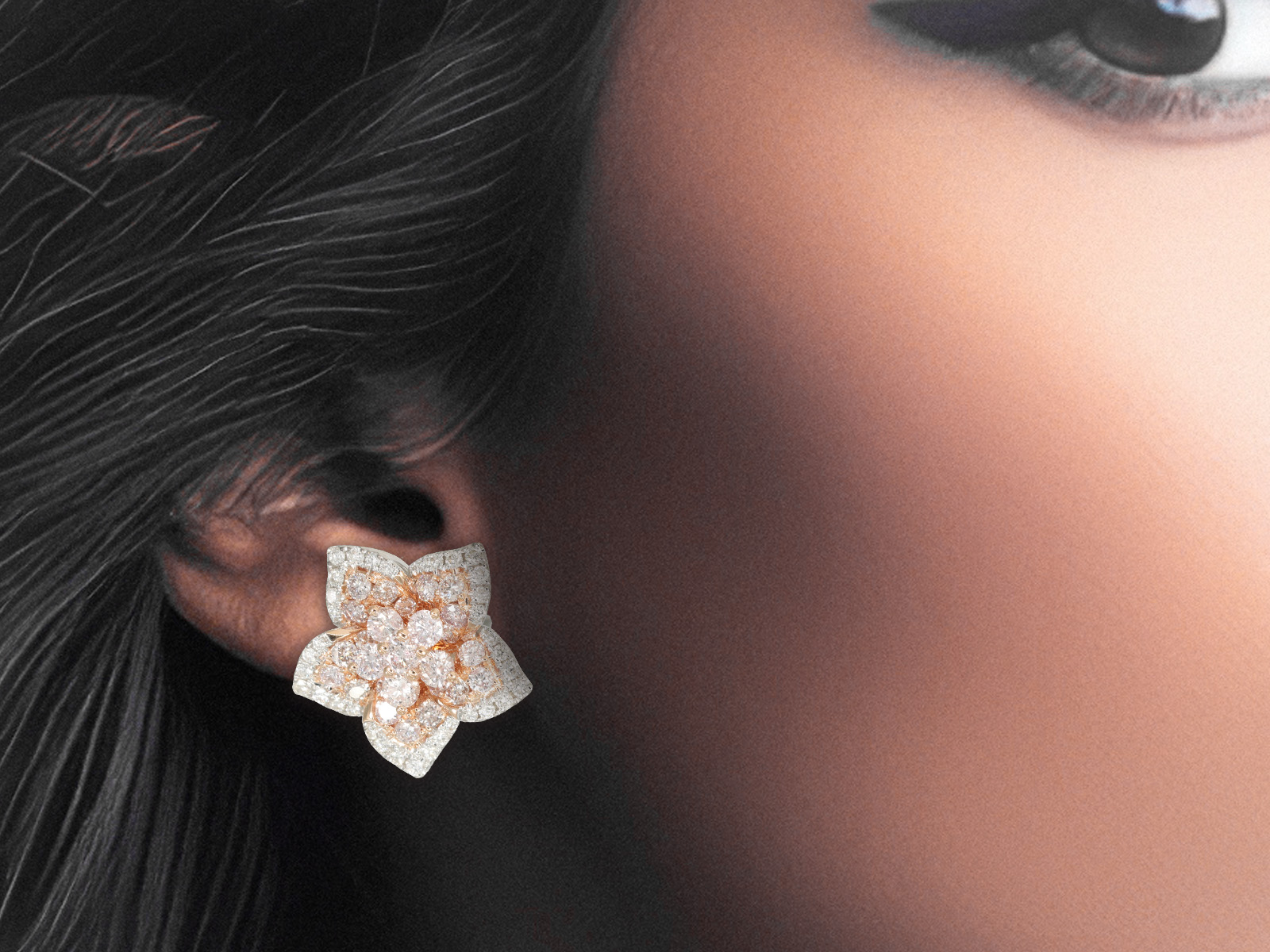 Earrings: modern diamond flower stud earrings with pink and white brilliant-cut diamonds, like new