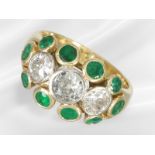 Ring: vintage gold jewellery ring with 3 large Old European cut diamonds and emeralds
