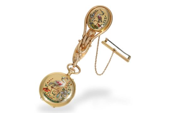 Pendant watch/chatelaine watch: museum-like gold/enamel watch with original box, Golay Leresche Gene - Image 3 of 9