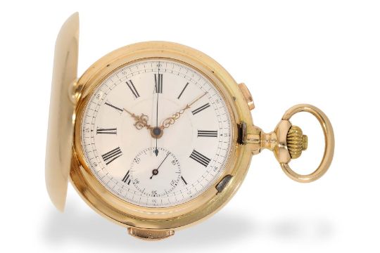 Pocket watch: fine Swiss gold hunting case watch with minute repeater and chronograph, ca. 1900 - Image 1 of 7